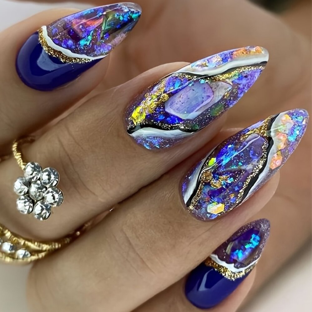 24pcs Blue Ombre Press-On Nails Set - Long Almond Shape, Glossy Finish